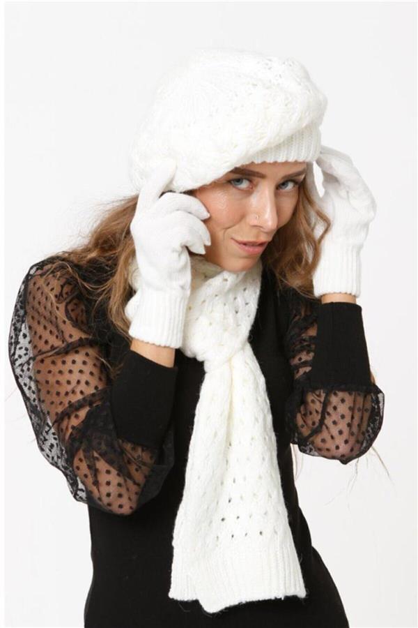 ست شال و کلاه و دستکش زنانه زمستانی سفید