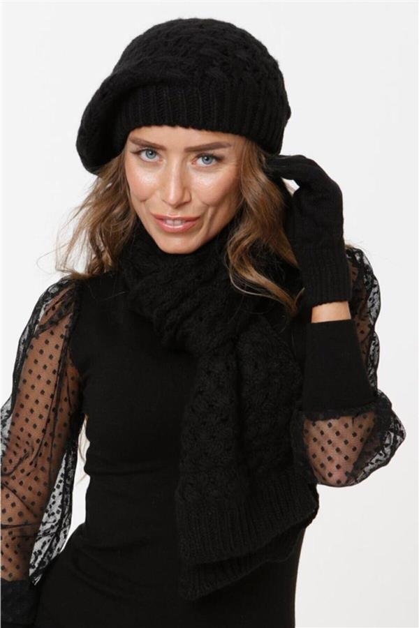 ست شال و کلاه و دستکش زنانه زمستانی مشکی