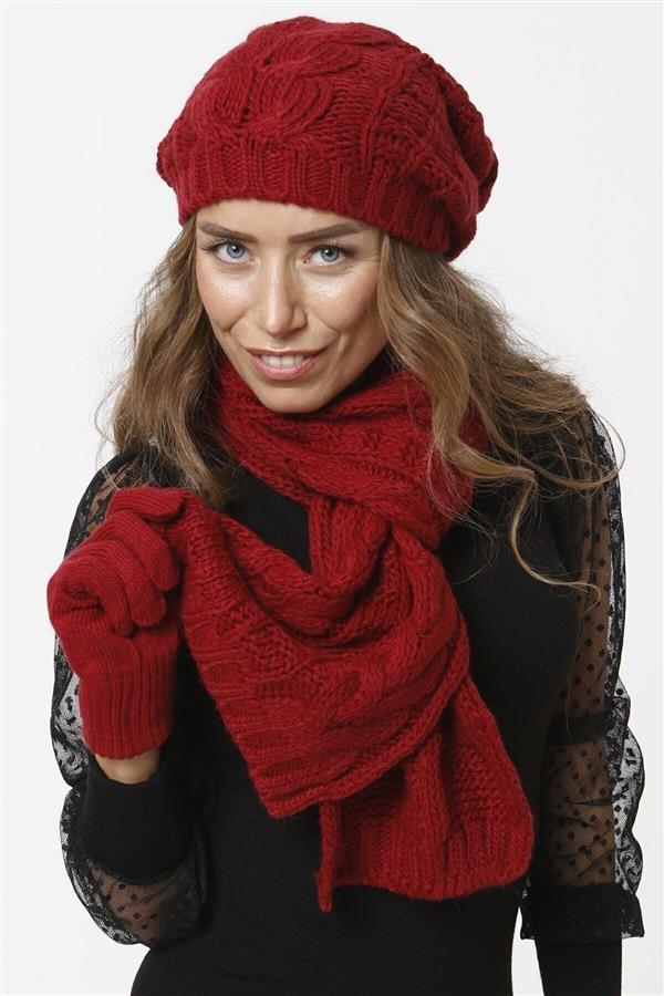 ست شال و کلاه و دستکش زنانه زمستانی قرمز