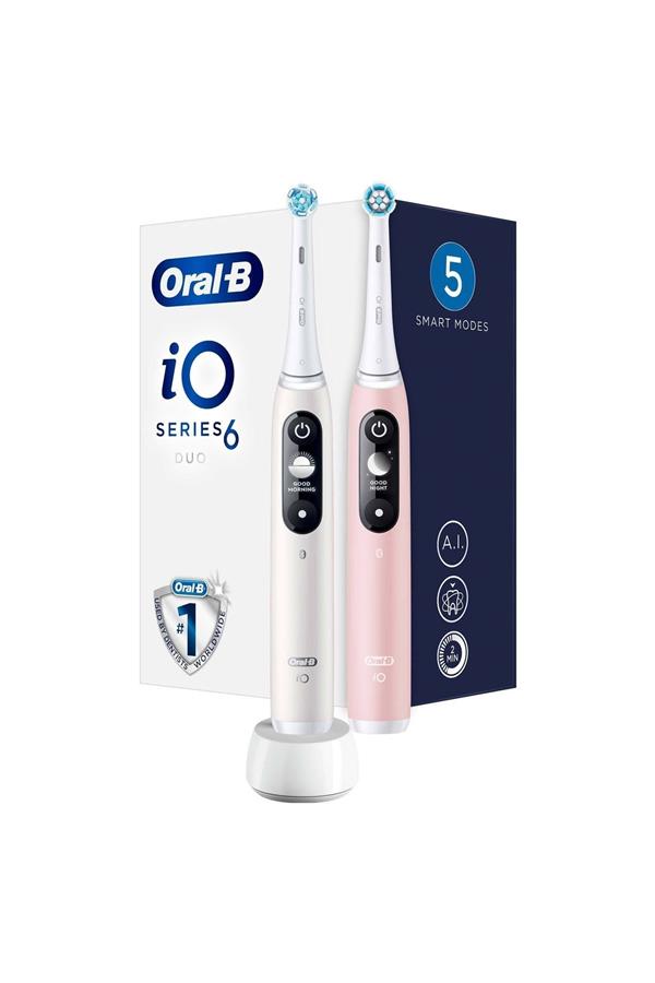 مسواک برقی قابل شارژ اورال-بی با ضمانت اصالت کالا، مدلiO 6 Rechargeable Toothbrush Set 2 pcs - White/pink