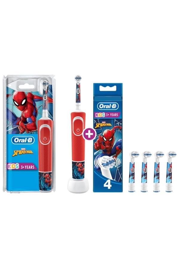 مسواک برقی قابل شارژ اورال-بی مخصوص کودکان با ضمانت اصالت کالا، مدلD100 Rechargeable Toothbrush For Kids Marvel Spiderman Replacement Head 4 Pcs