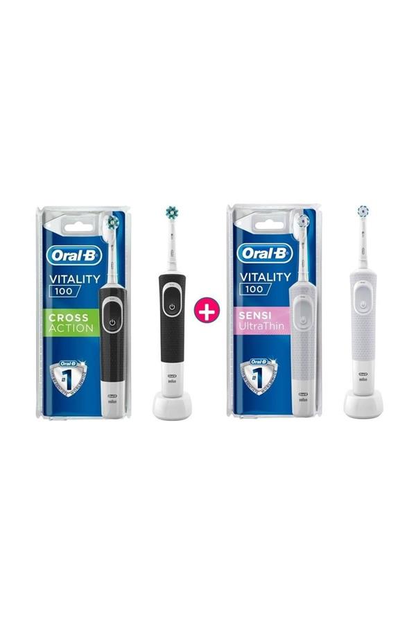 9900مسواک برقی قابل شارژ اورال بی/ D100 Vitality Cross Action Black + D100 Vitality Sensitive Ultrathin Rechargeable Toothbrush White