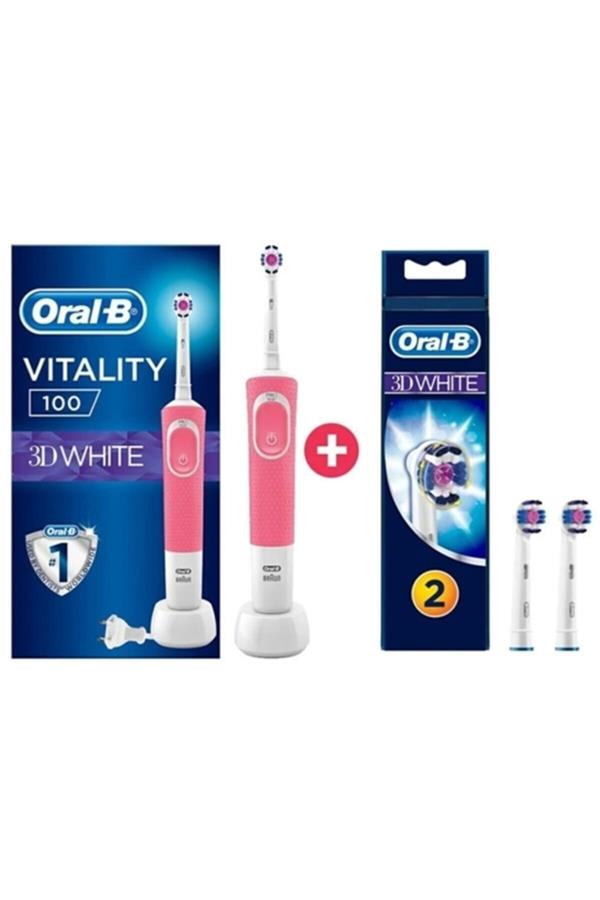 9902مسواک برقی قابل شارژ اورال بی/ D100 3D White Pink Vitality Electric Toothbrush and 2 Replacement Heads